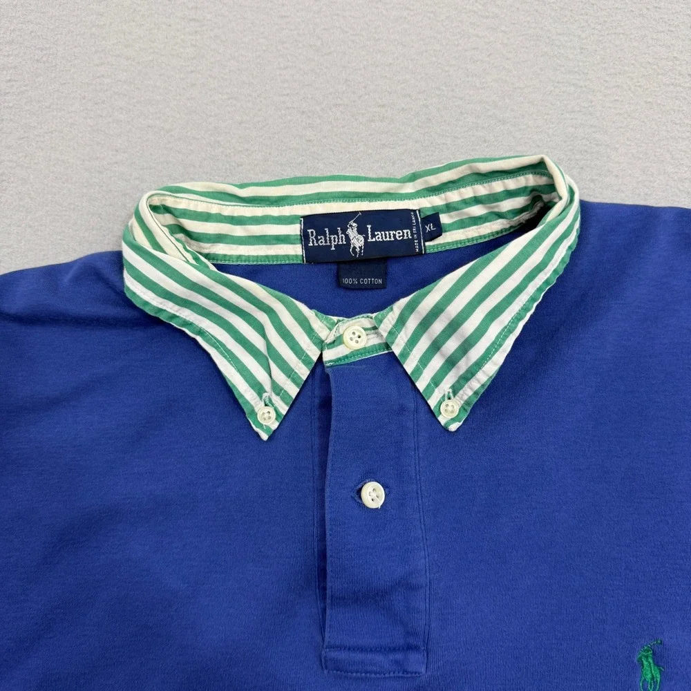 Vintage Ralph Lauren Polo Shirt Mens XL Blue Contrast Striped Collar Pony Preppy